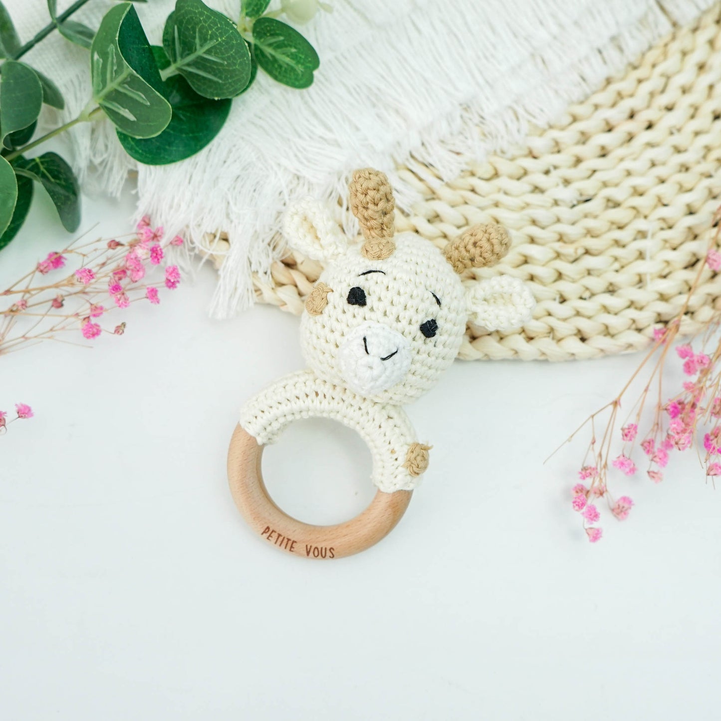 100% Cotton Crochet Ring Rattle - Percy Giraffe
