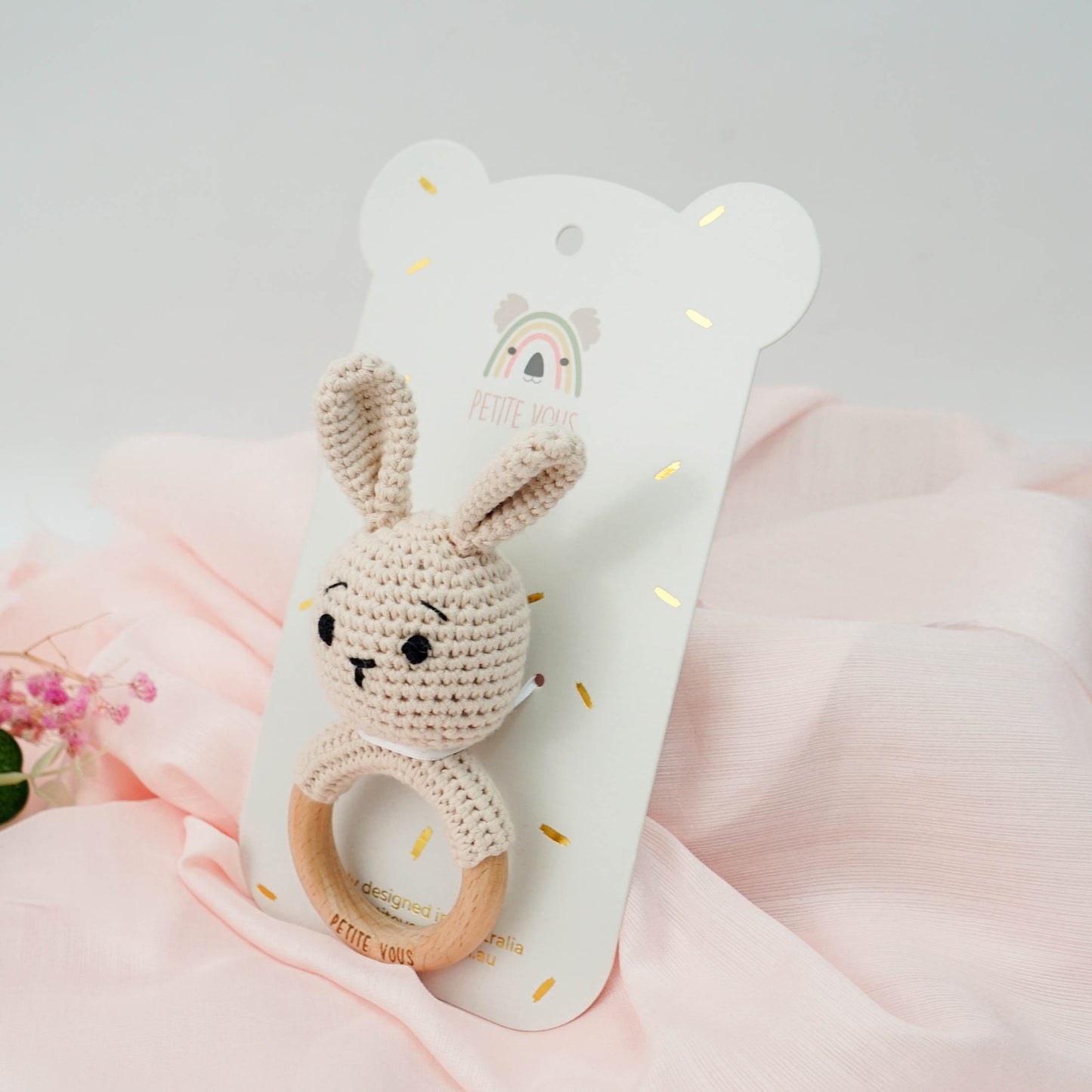 100% Cotton Crochet Ring Rattle - Brodie Bunny