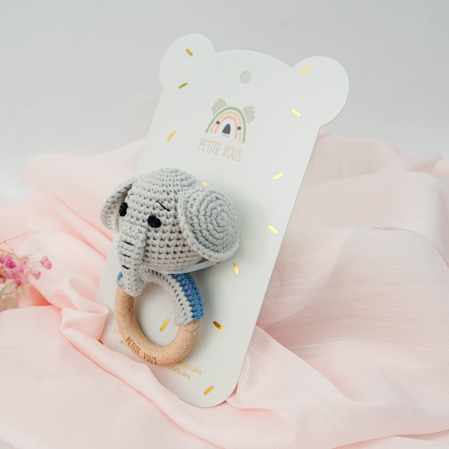 100% Cotton Crochet Ring Rattle - Ellis Elephant
