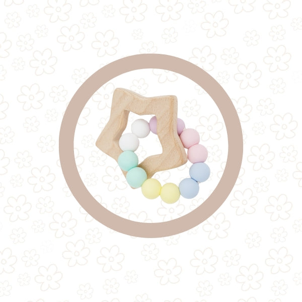 *NEW* Star Silicone + Beechwood Teether Ring (Pastel Rainbow)