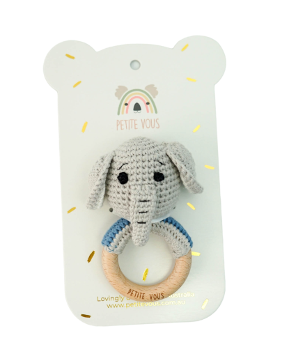 100% Cotton Crochet Ring Rattle - Ellis Elephant