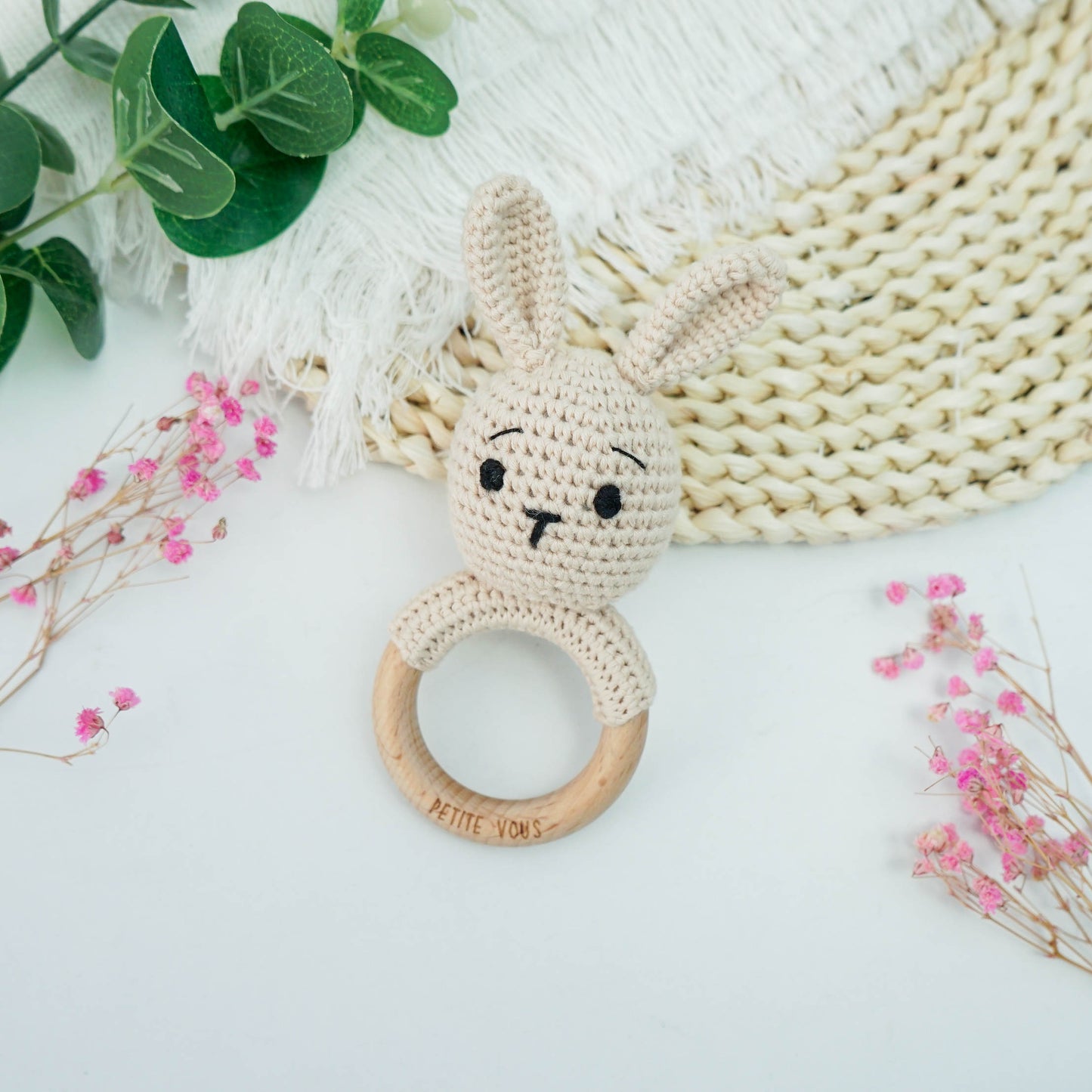 100% Cotton Crochet Ring Rattle - Brodie Bunny