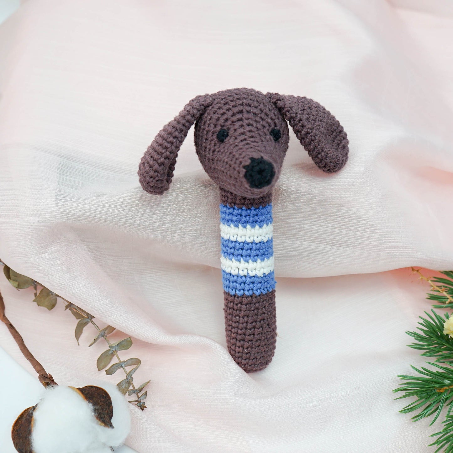 100% Cotton Crochet Hand Rattle - Milo Dachshund