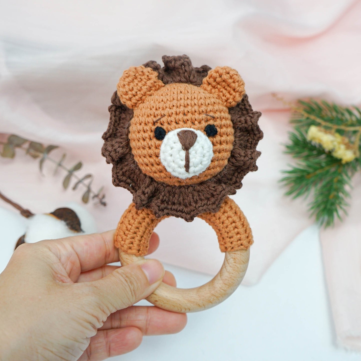100% Cotton Crochet Ring Rattle - Roary Lion