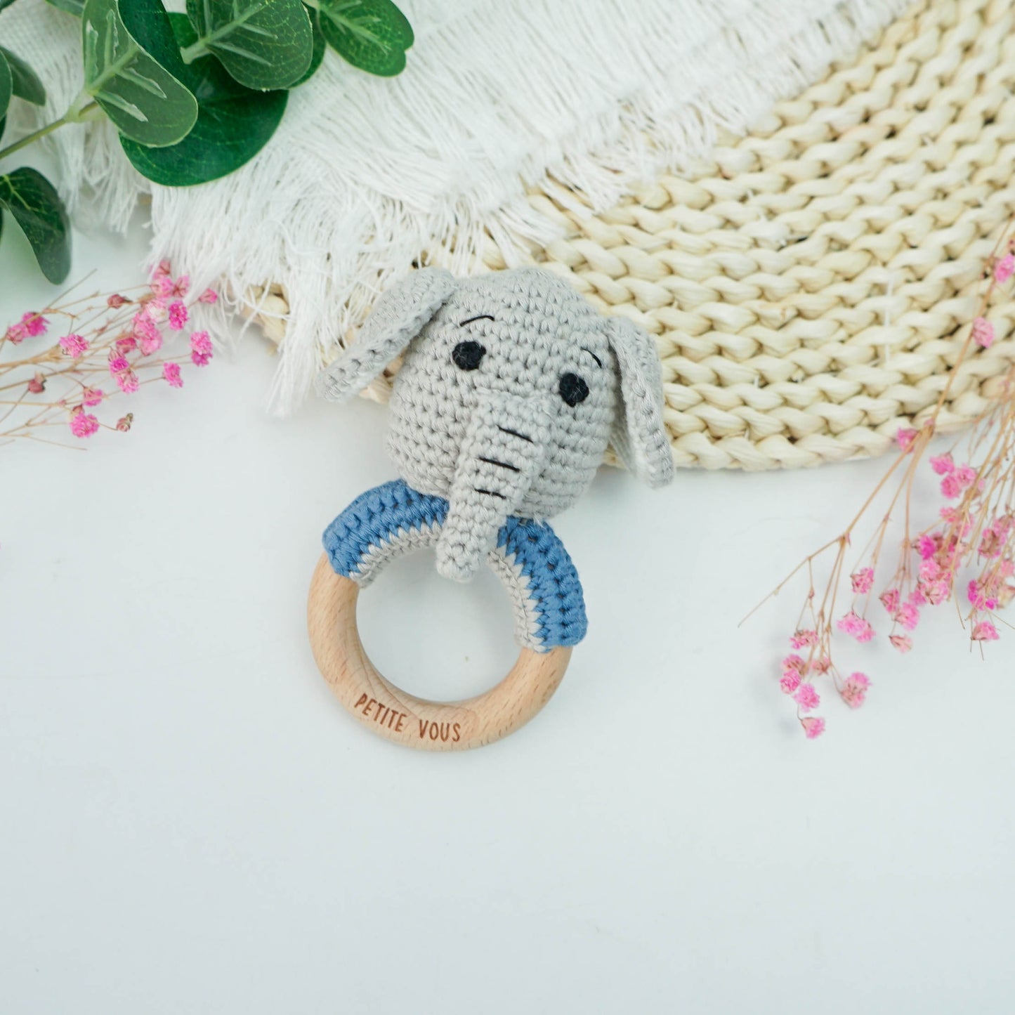 100% Cotton Crochet Ring Rattle - Ellis Elephant