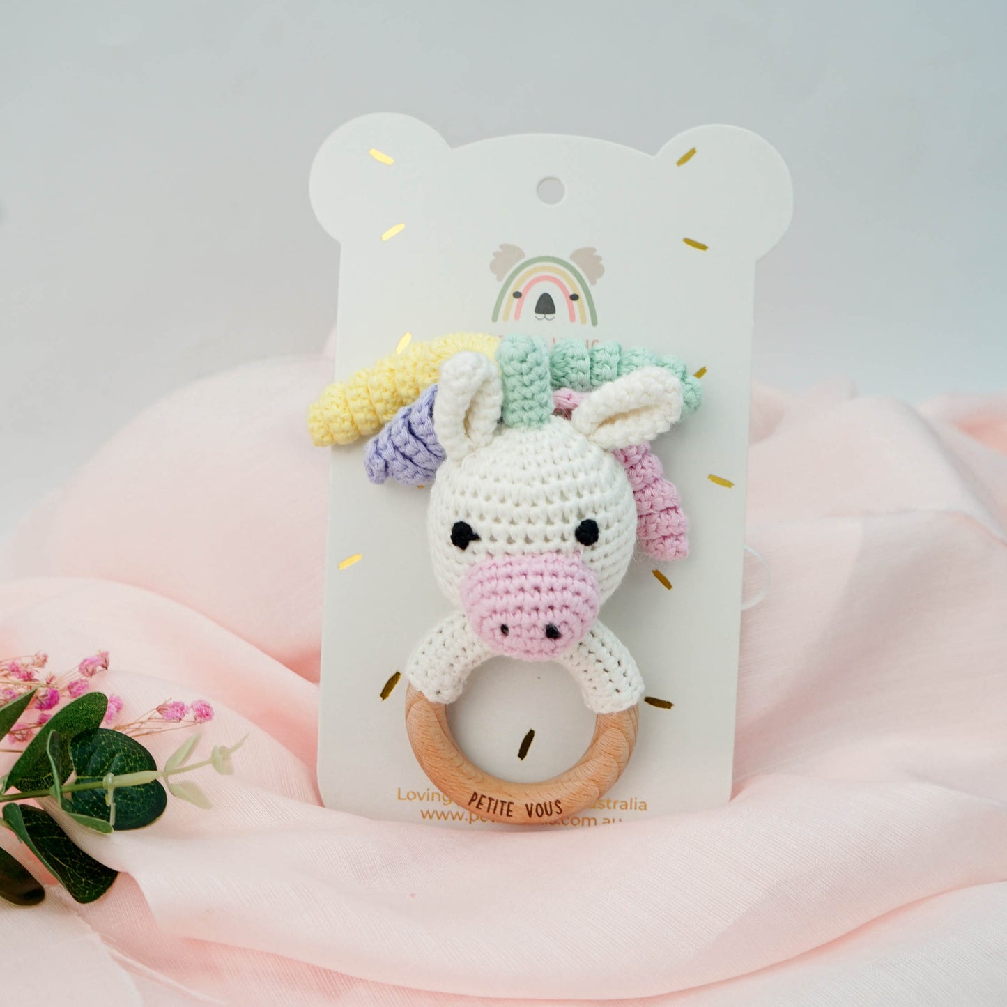 100% Cotton Crochet Ring Rattle - Isla Unicorn