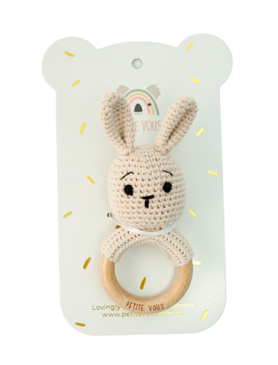 100% Cotton Crochet Ring Rattle - Brodie Bunny