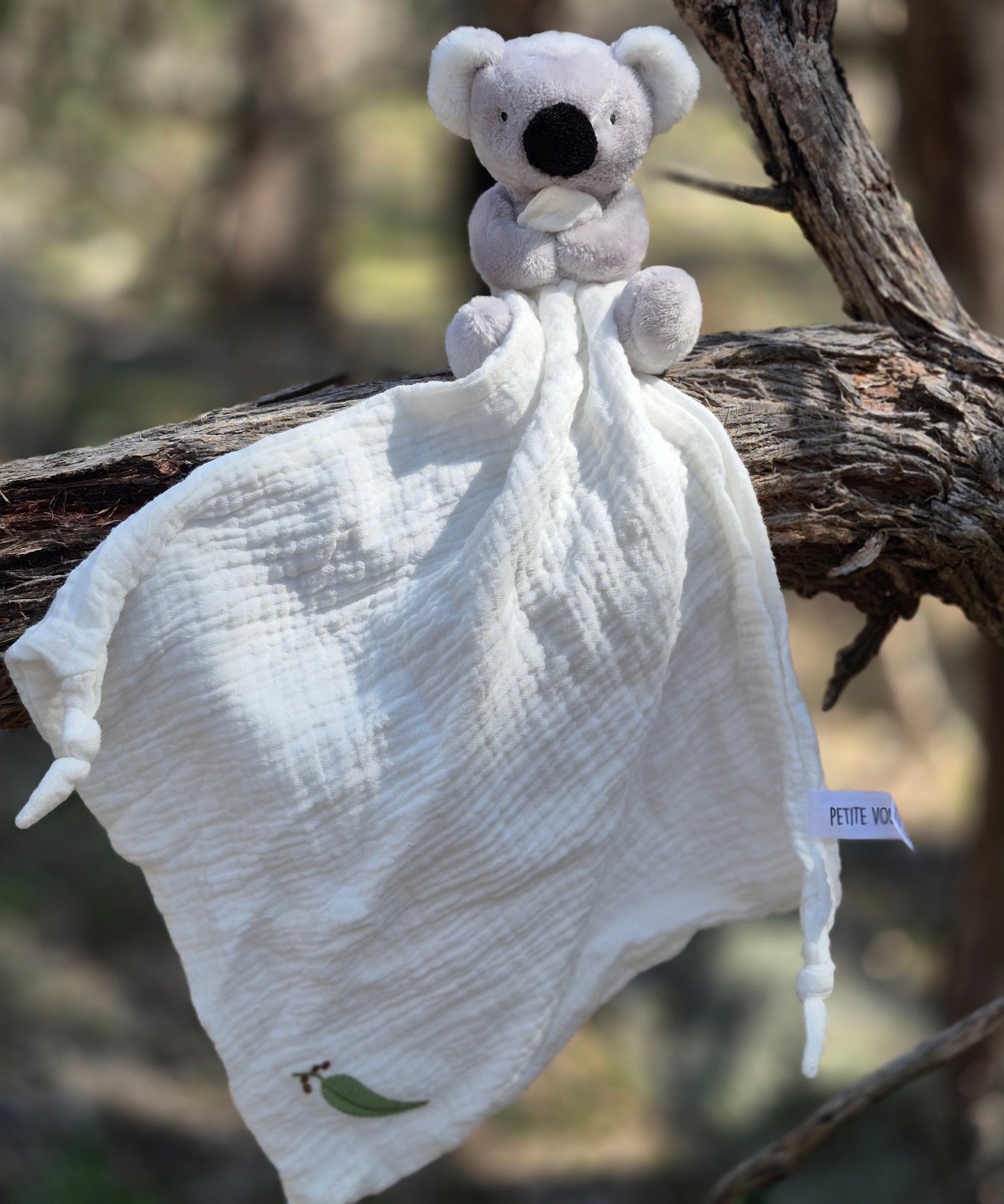Kip the Koala Baby Comfort Blanket - COOL MUSLIN with Gumleaf Embroidery