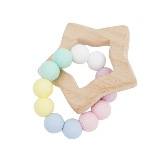 *NEW* Star Silicone + Beechwood Teether Ring (Pastel Rainbow)