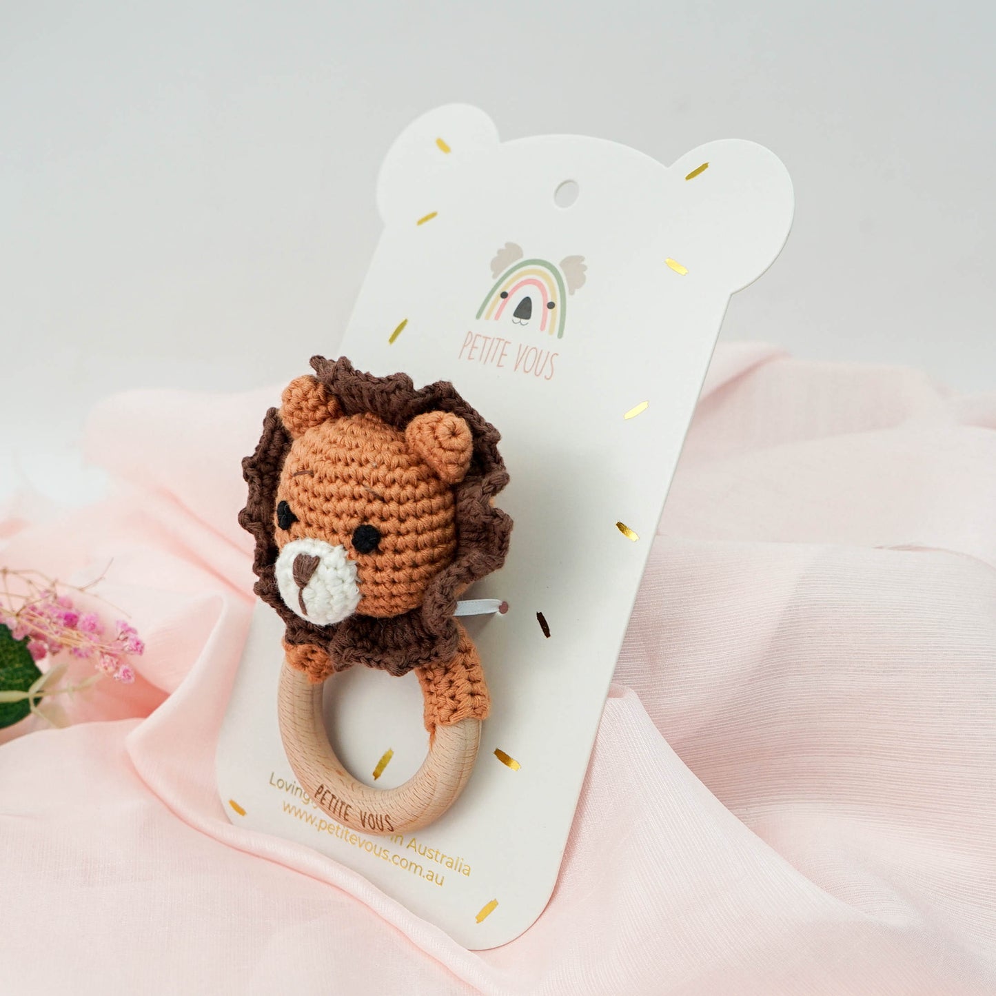 100% Cotton Crochet Ring Rattle - Roary Lion